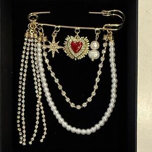Bloomingdale's Gold and Red Heart Brooch with Pearl Accents and crystals